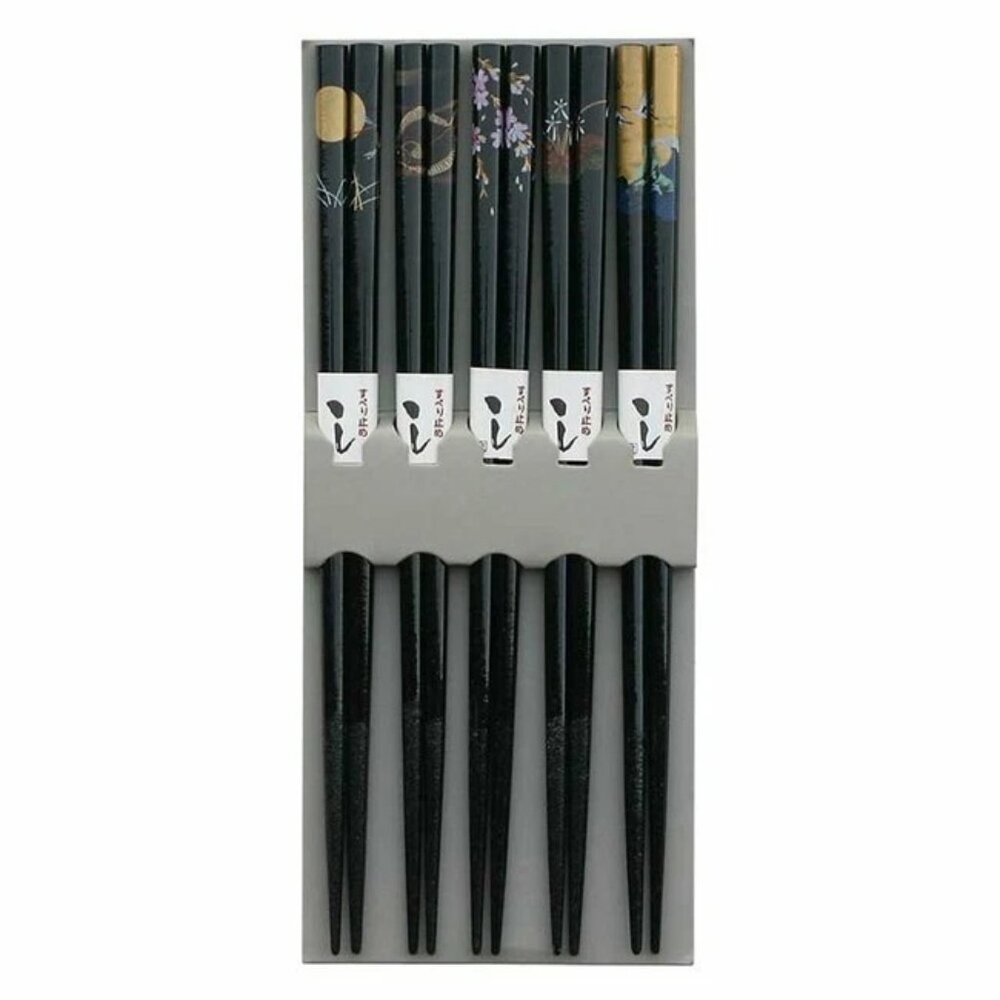 Set of 5 Reusable Wood Chopsticks Floral Multi-Pattern Japanese Sushi Sticks